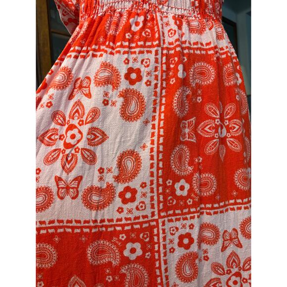 Lisa Says Gah Bandana print pink red smocked dress small linen - Picture 6 of 9
